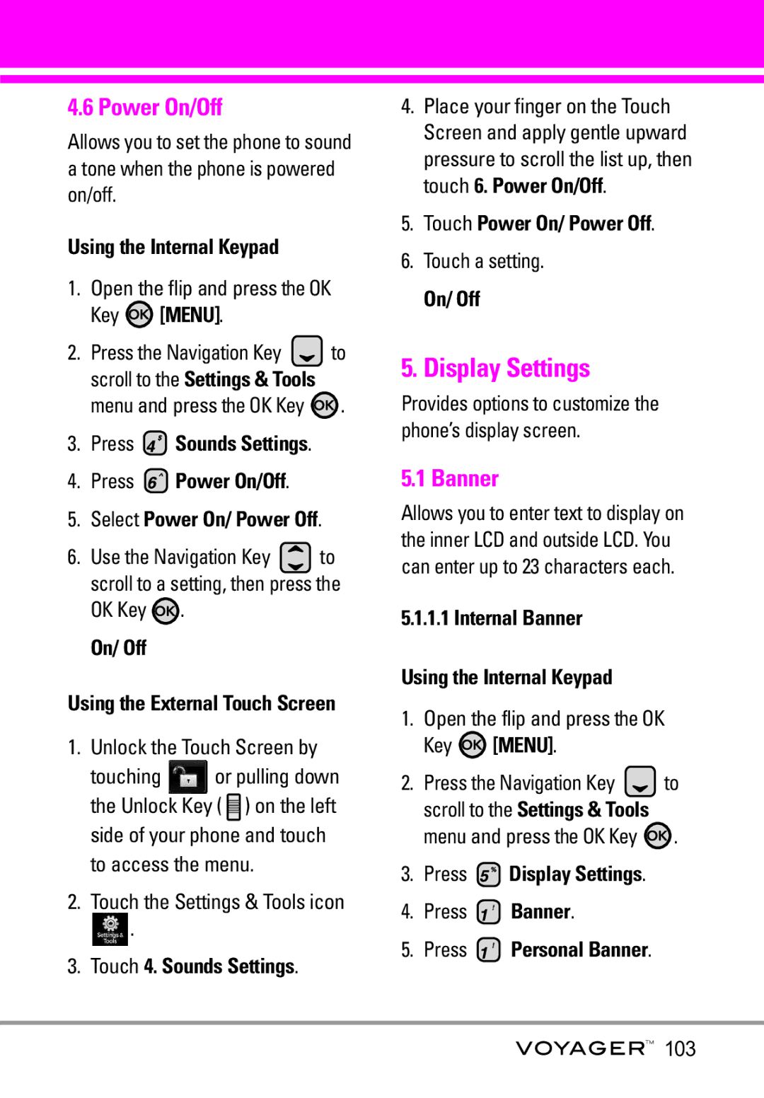 LG Electronics Voyager manual Display Settings, Power On/Off, Banner 