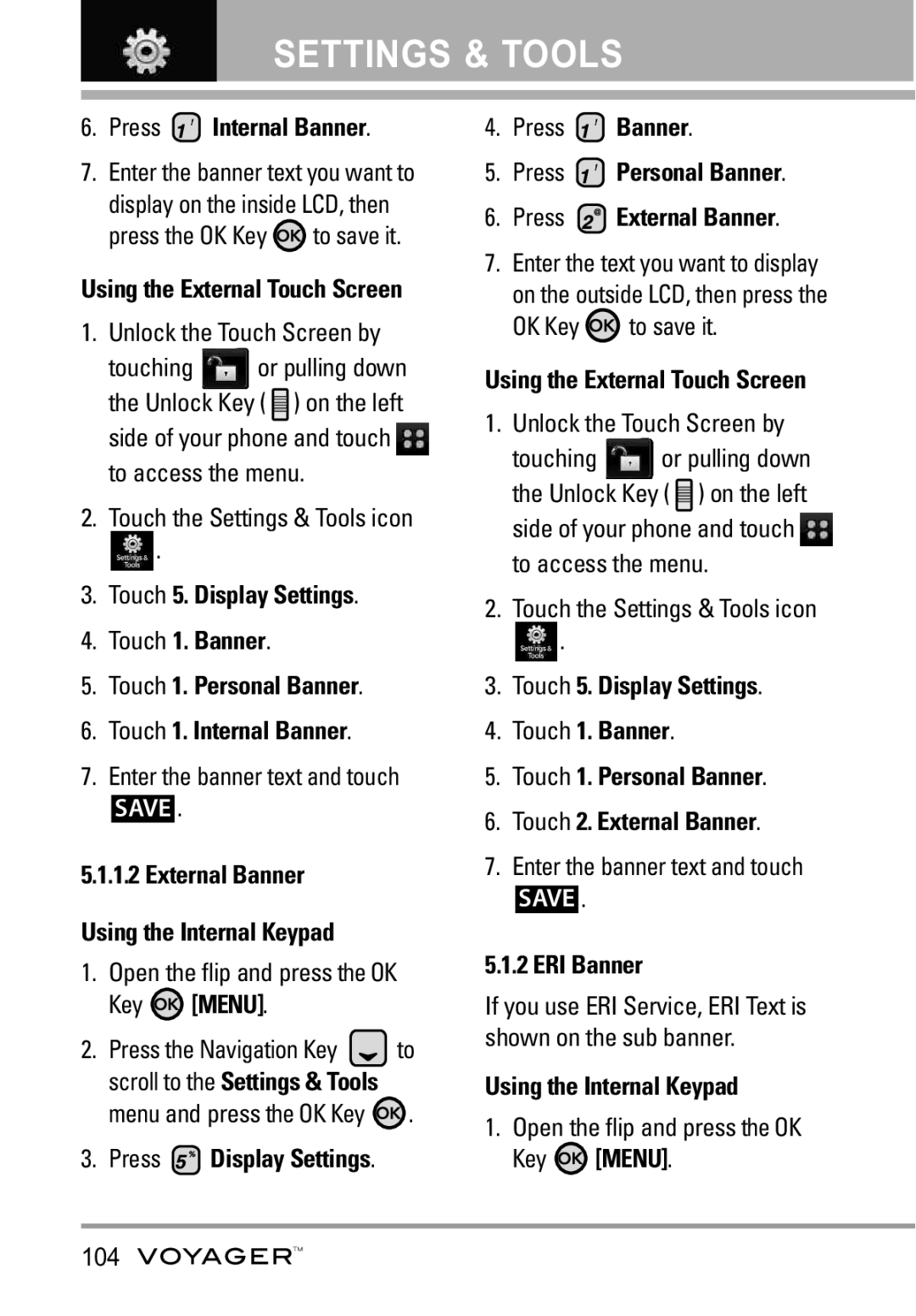 LG Electronics Voyager manual Press Internal Banner, External Banner Using the Internal Keypad, ERI Banner 