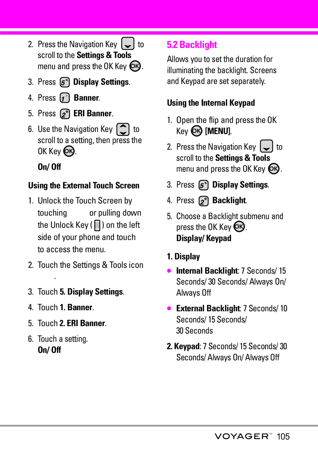 LG Electronics Voyager manual Press ERI Banner, Press Display Settings Press Backlight, Display/ Keypad 