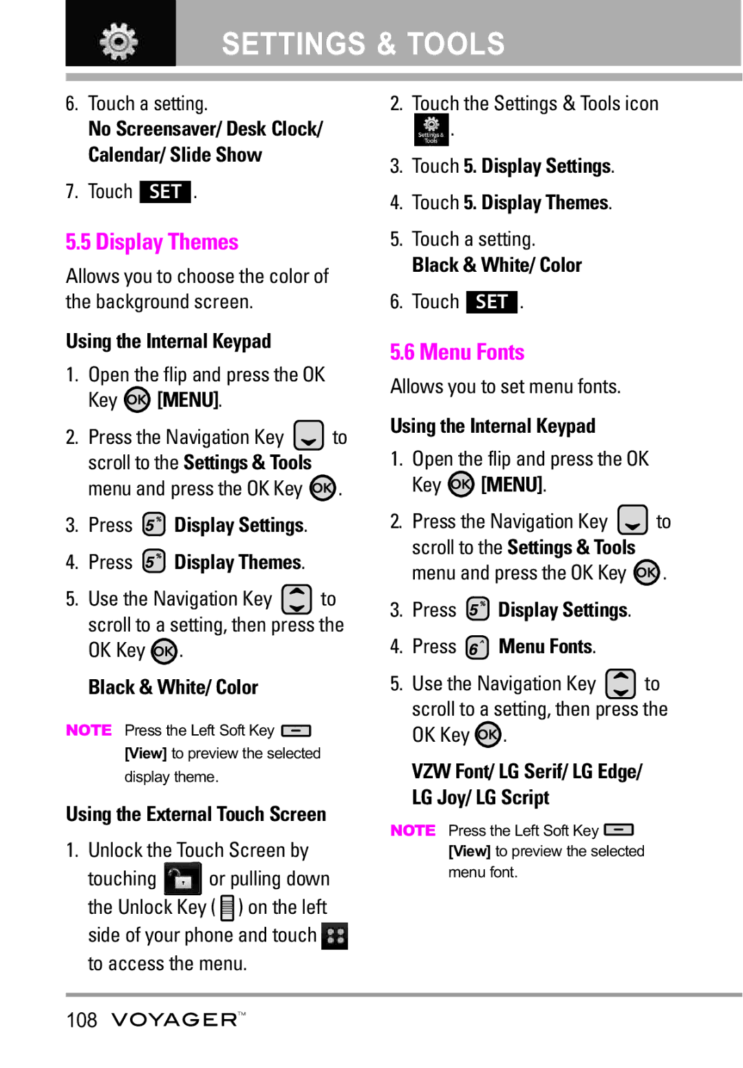 LG Electronics Voyager manual Display Themes, Menu Fonts 