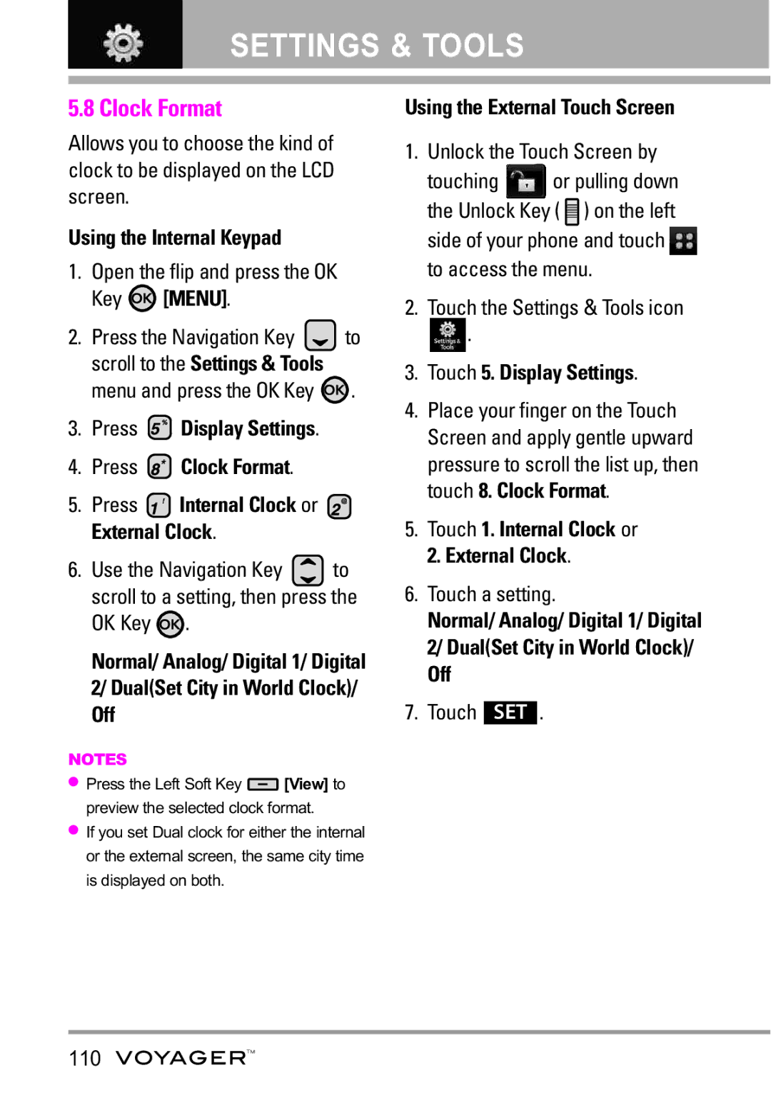 LG Electronics Voyager manual Clock Format, Touch SET 110 