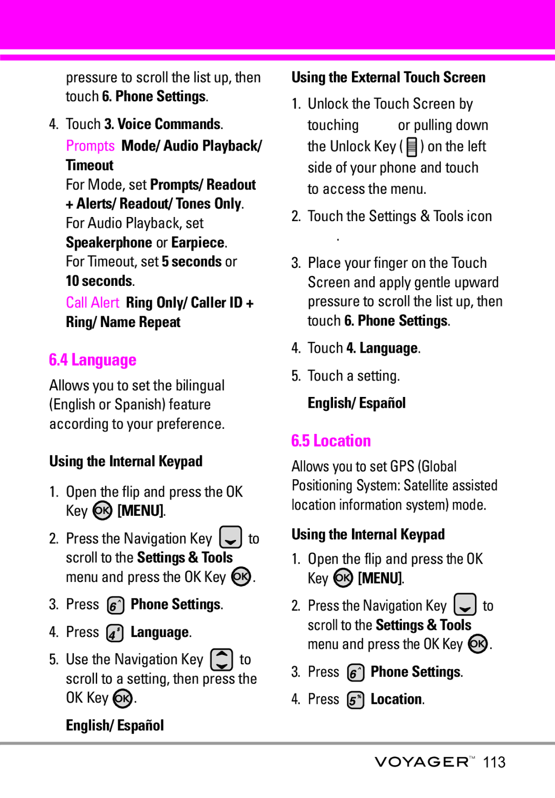 LG Electronics Voyager manual Language, Location 