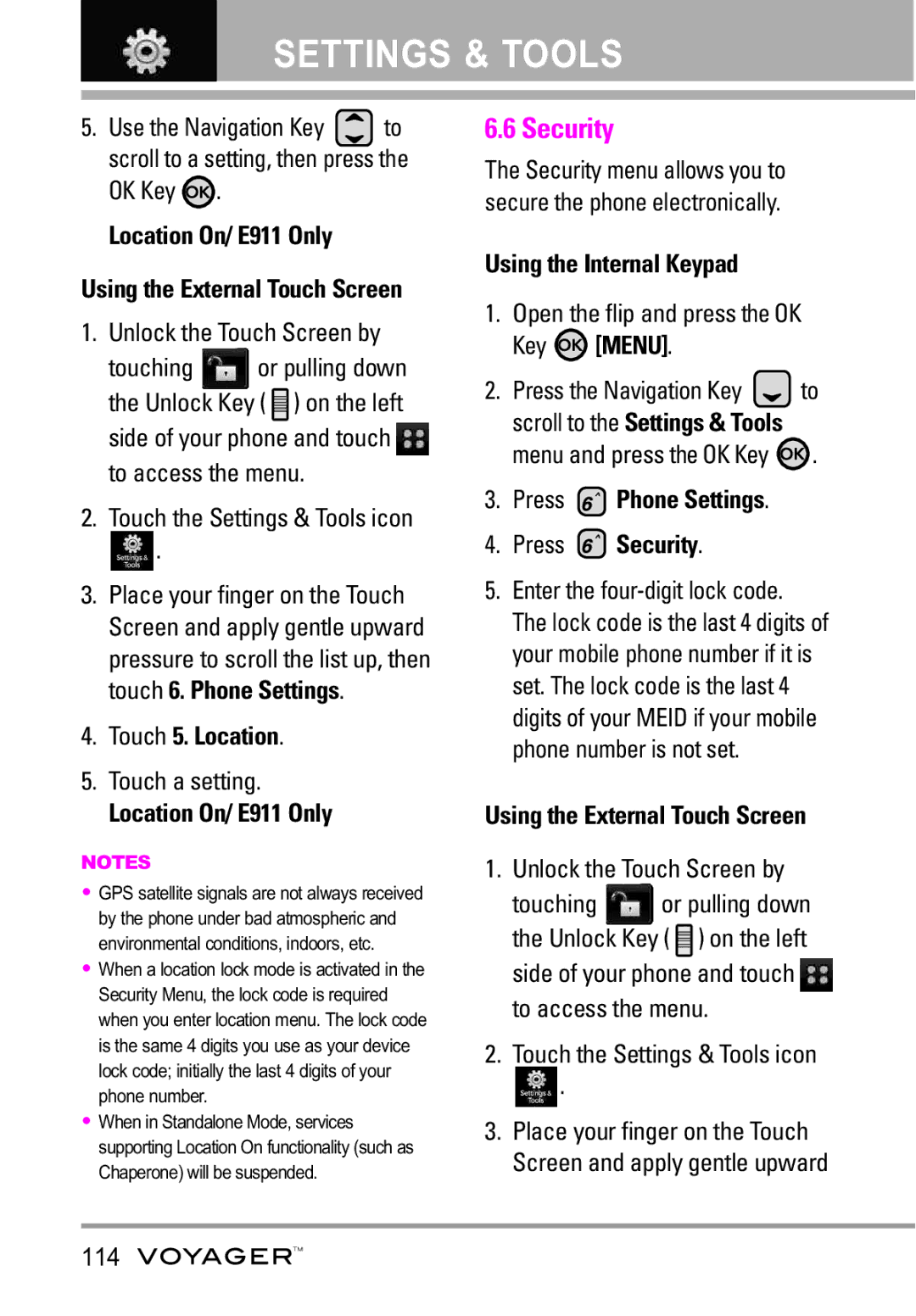 LG Electronics Voyager manual Location On/ E911 Only, Touch 5. Location, Press Phone Settings Press Security, 114 