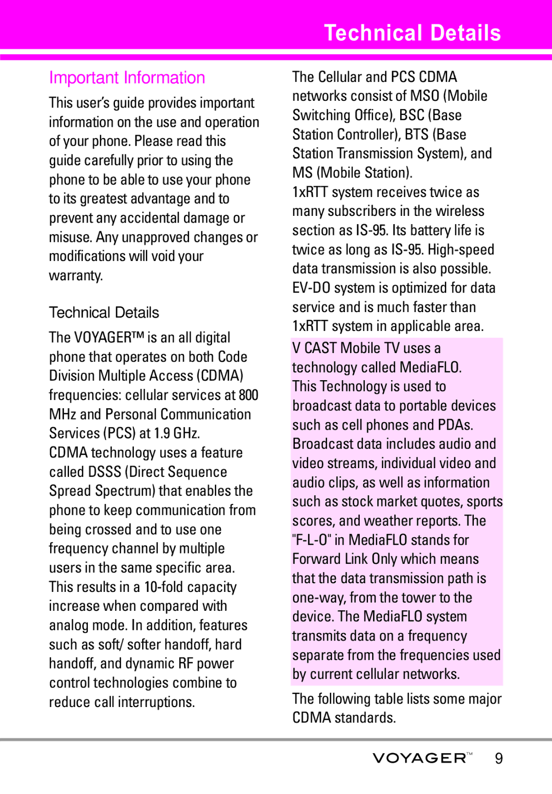 LG Electronics Voyager manual Technical Details, Important Information, Following table lists some major Cdma standards 