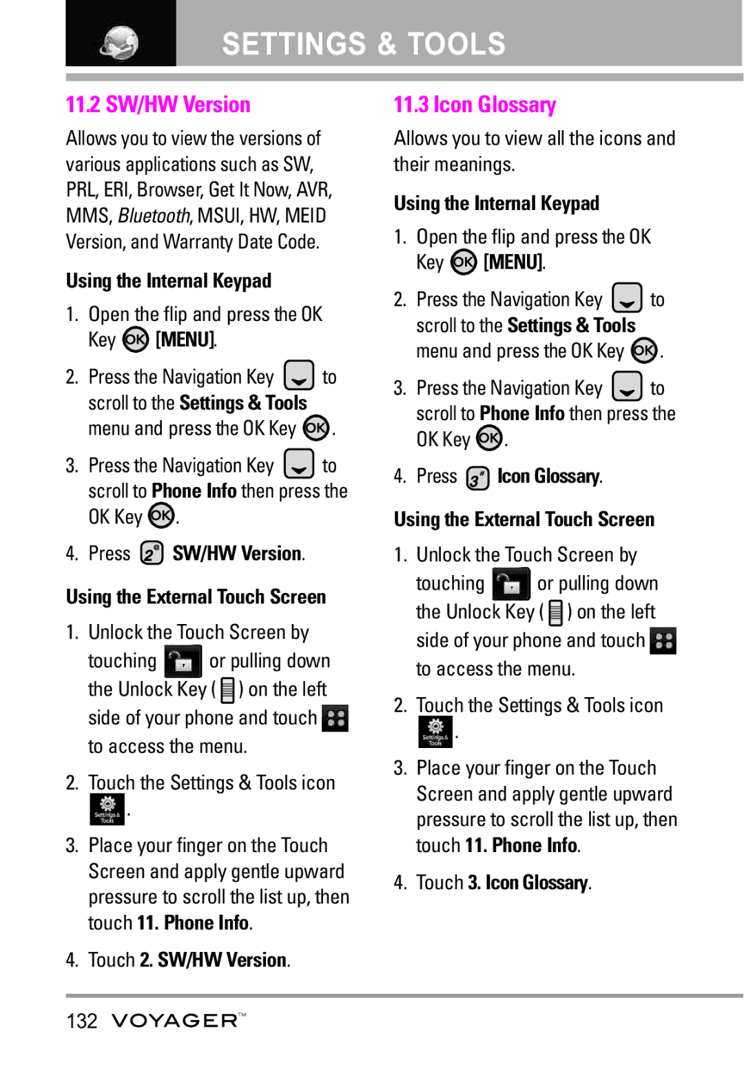 LG Electronics Voyager manual 11.2 SW/HW Version, Icon Glossary, Press SW/HW Version, Touch 2. SW/HW Version 