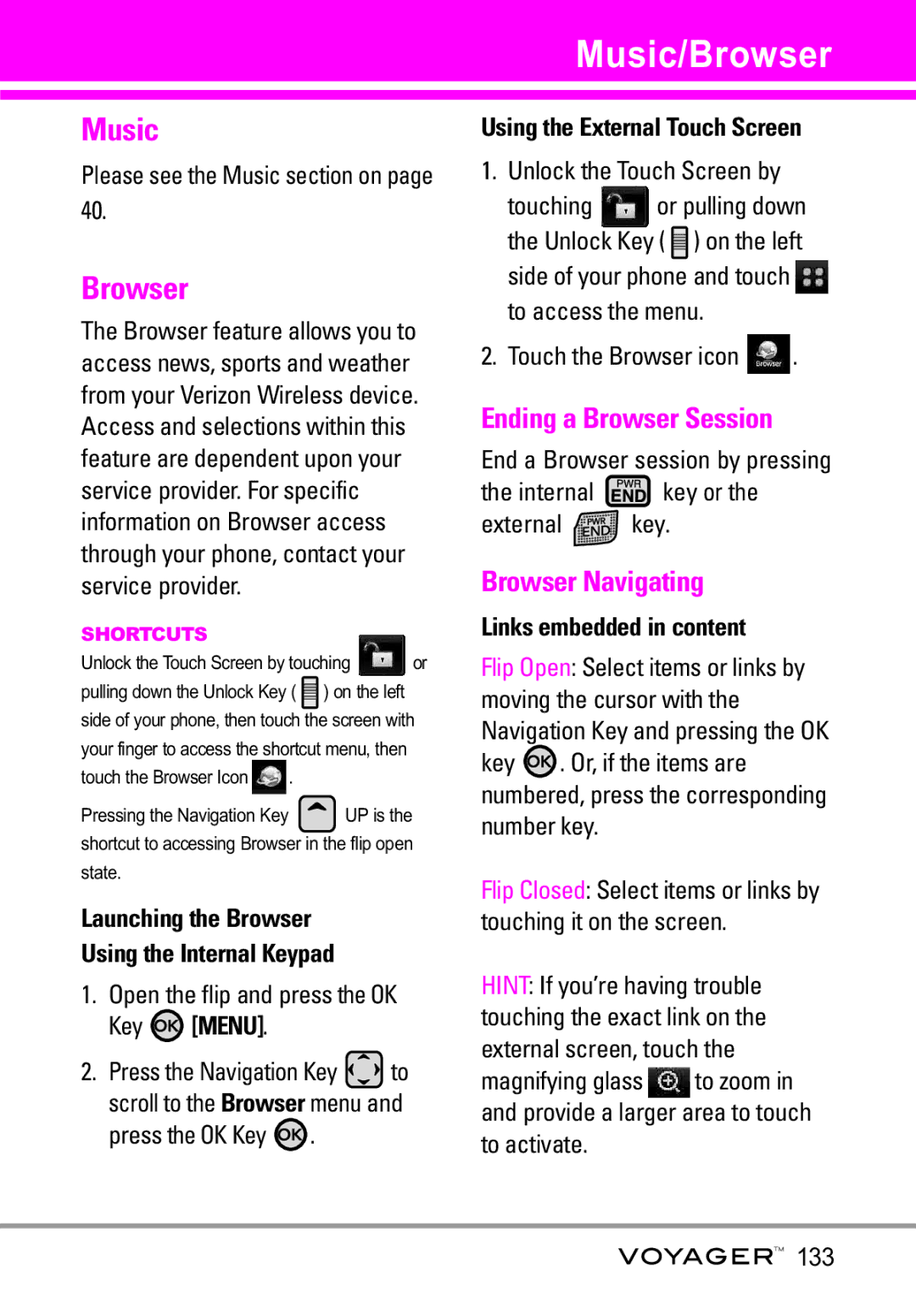 LG Electronics Voyager manual Music/Browser, Ending a Browser Session, Browser Navigating 