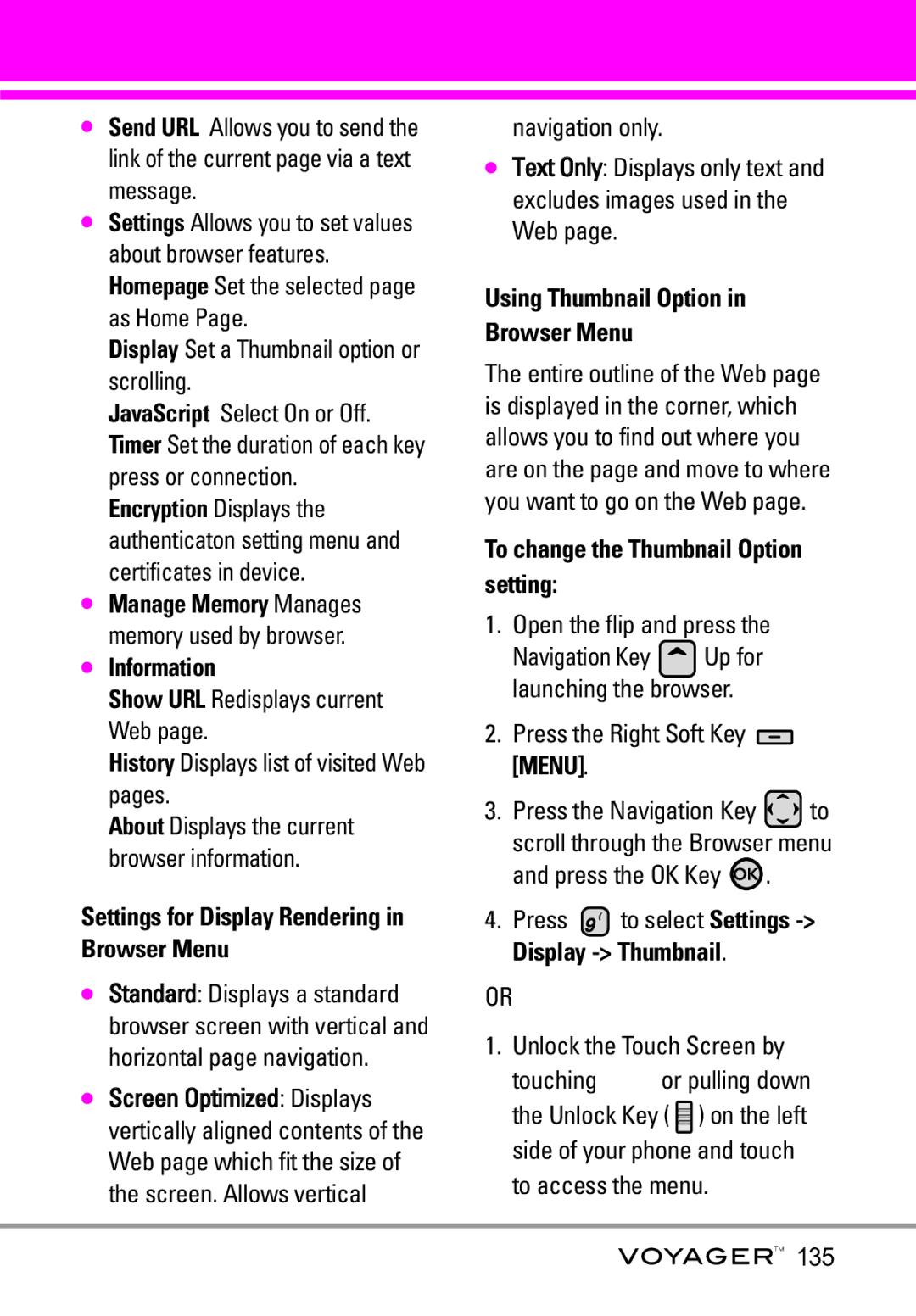 LG Electronics Voyager manual Information, Using Thumbnail Option Browser Menu 