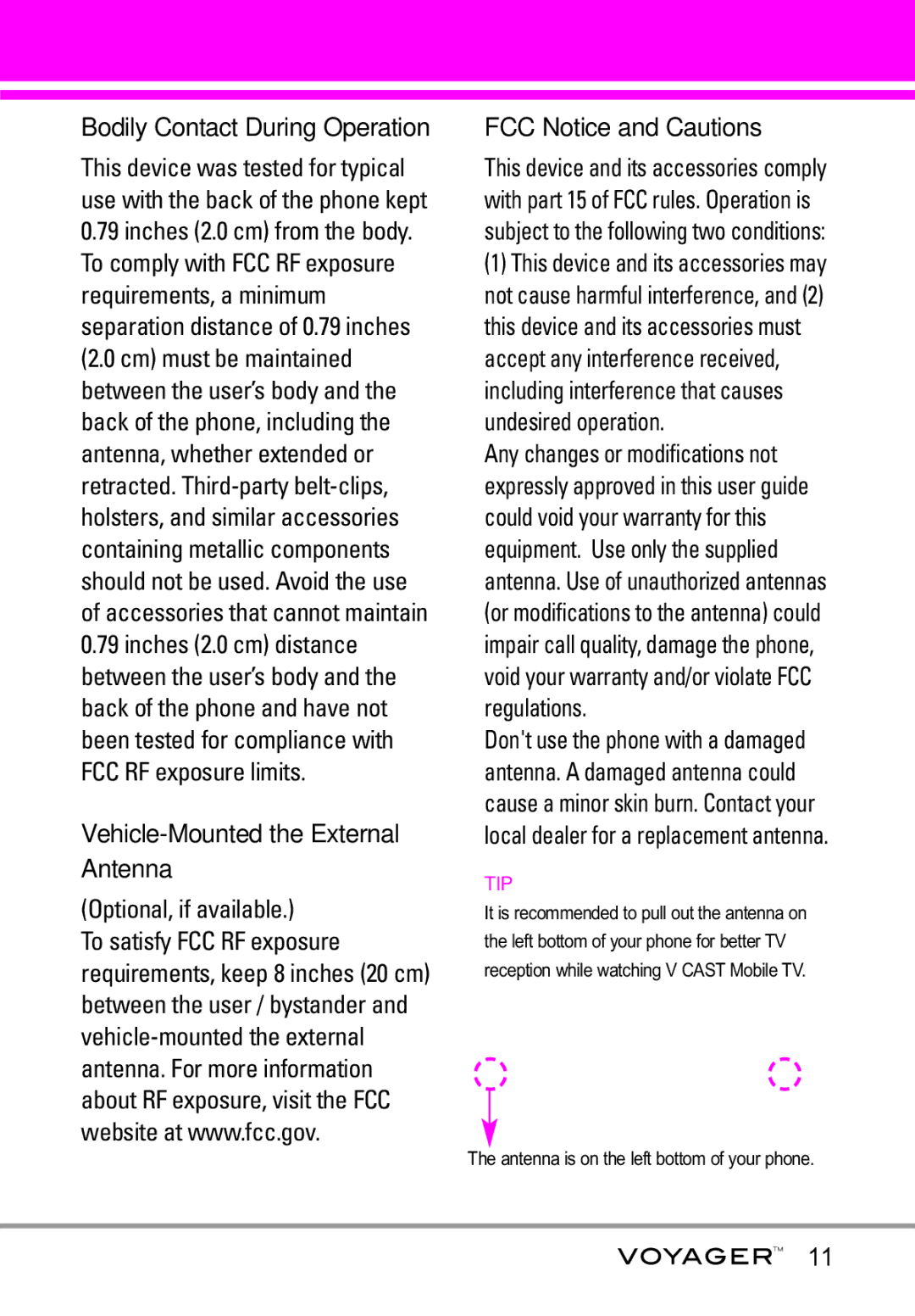 LG Electronics Voyager manual Vehicle-Mounted the External Antenna, Optional, if available, FCC Notice and Cautions 