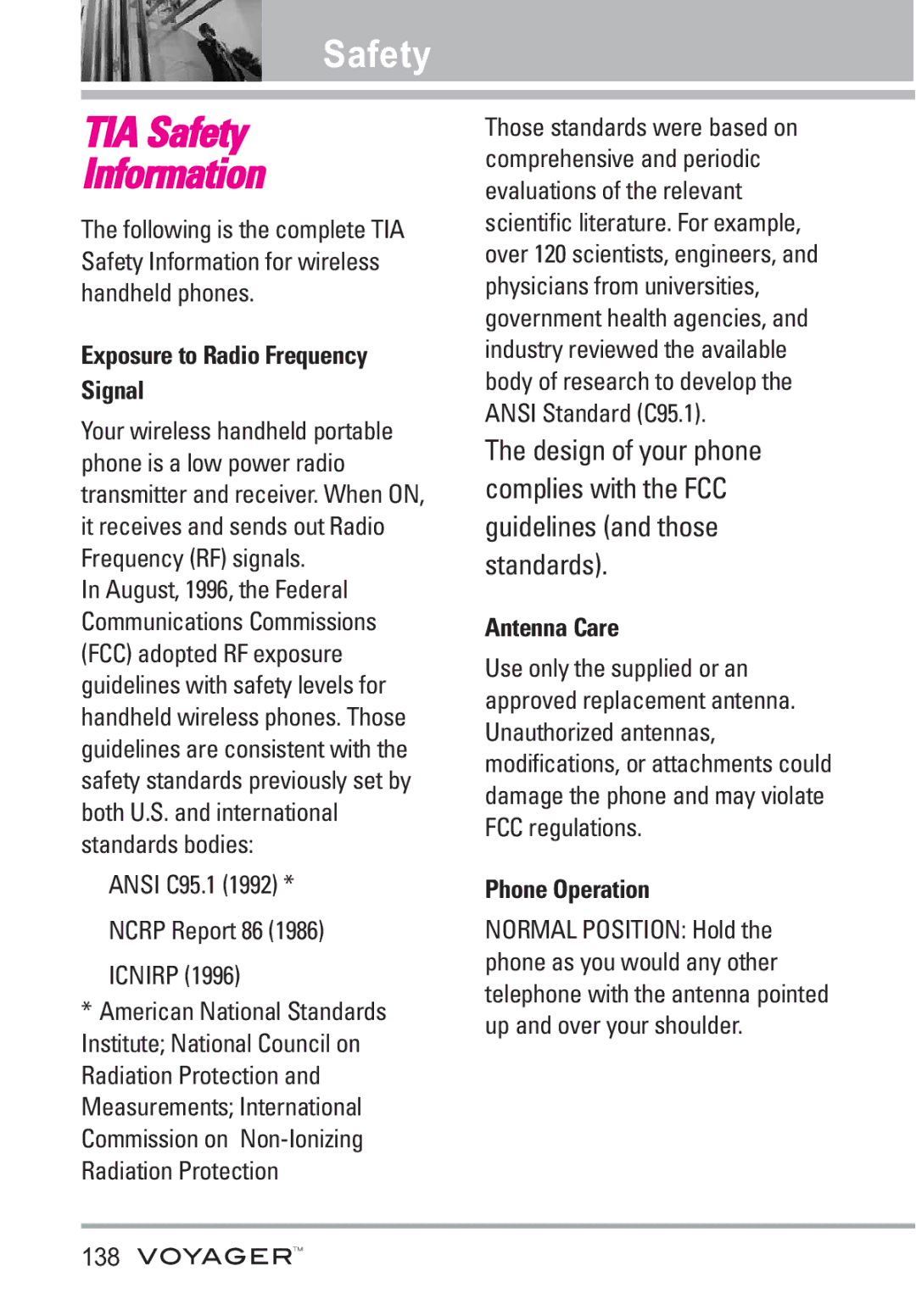 LG Electronics Voyager manual Safety, Exposure to Radio Frequency Signal, Antenna Care, Phone Operation 