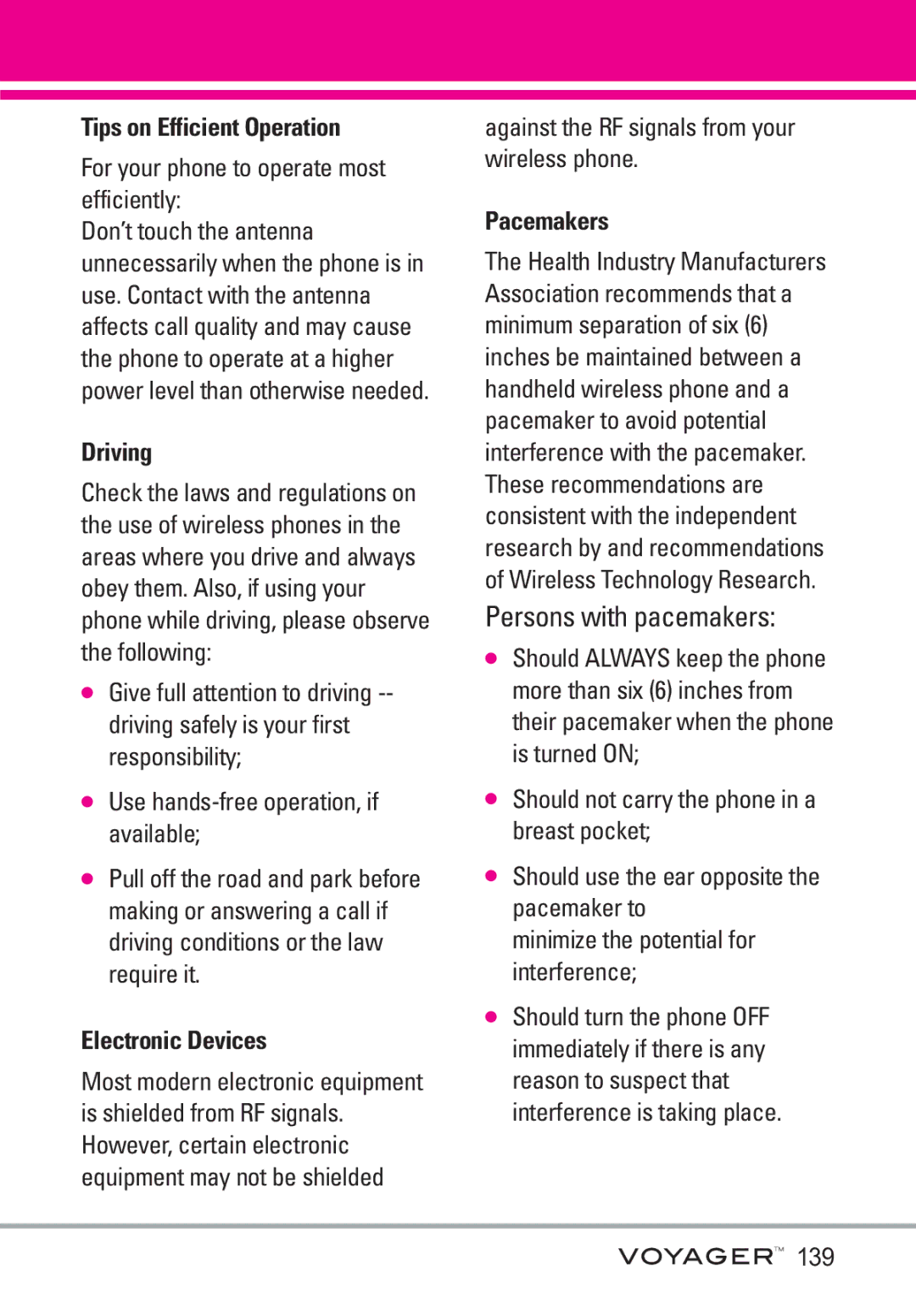 LG Electronics Voyager manual Tips on Efficient Operation, Driving, Electronic Devices, Pacemakers 