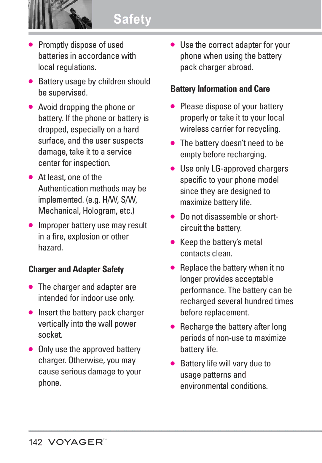 LG Electronics Voyager manual Battery usage by children should be supervised, Charger and Adapter Safety, 142 