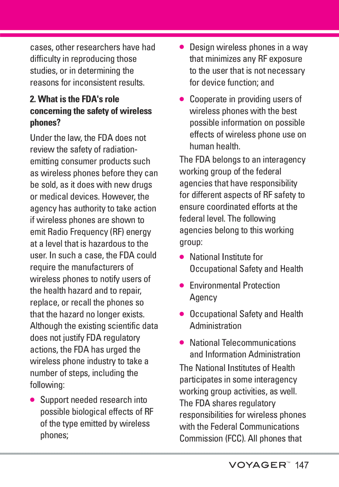 LG Electronics Voyager manual 147, National Telecommunications and Information Administration 