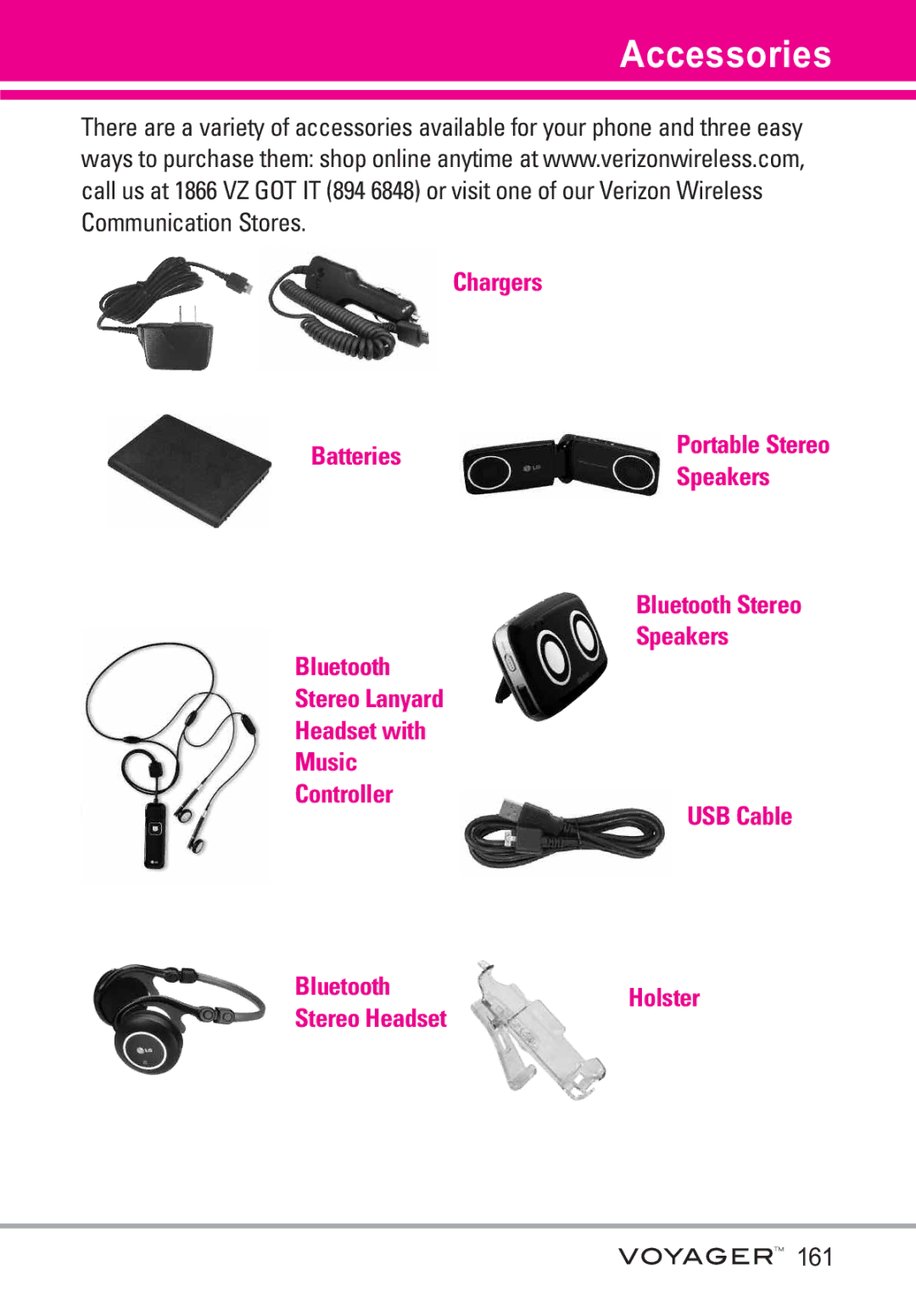 LG Electronics Voyager manual Accessories, 161 