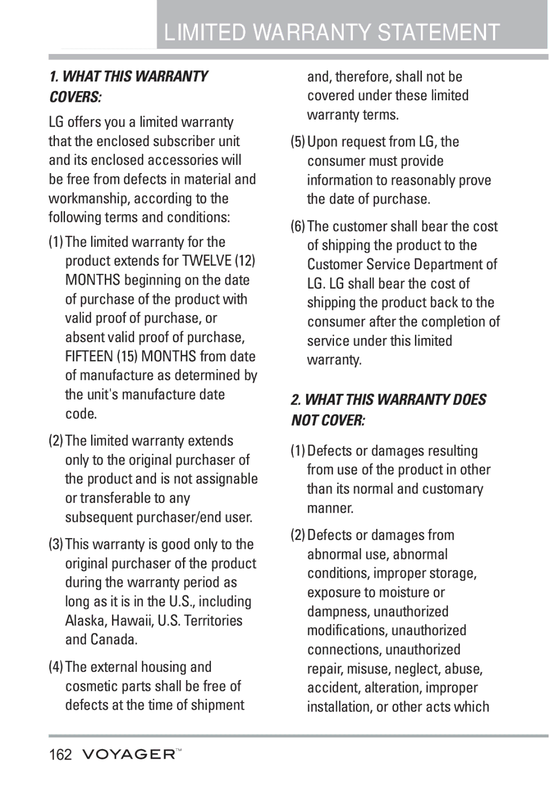 LG Electronics Voyager manual Limited Warranty Statement, 162 