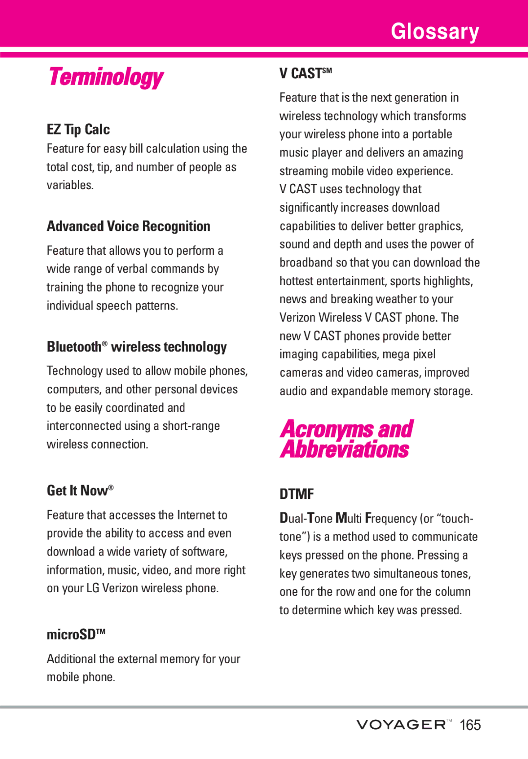 LG Electronics Voyager manual Glossary, EZ Tip Calc, Advanced Voice Recognition, Get It Now, MicroSDTM 