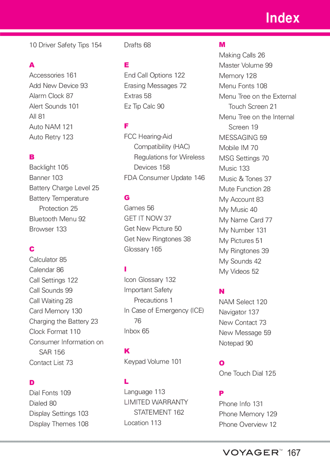 LG Electronics Voyager manual Index, 167 