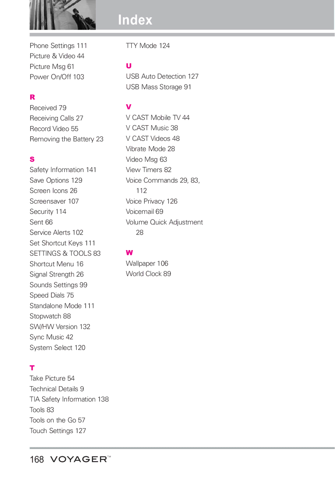 LG Electronics Voyager manual 168, Settings & Tools 