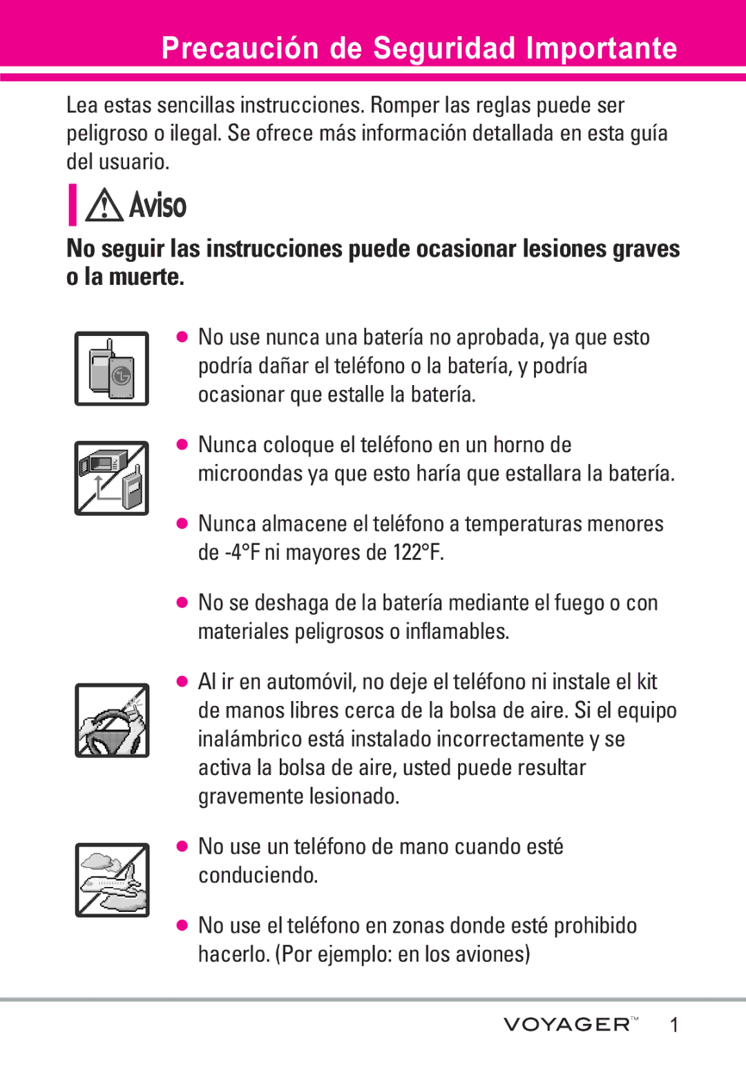 LG Electronics Voyager manual Precaución de Seguridad Importante, Microondas ya que esto haría que estallara la batería 