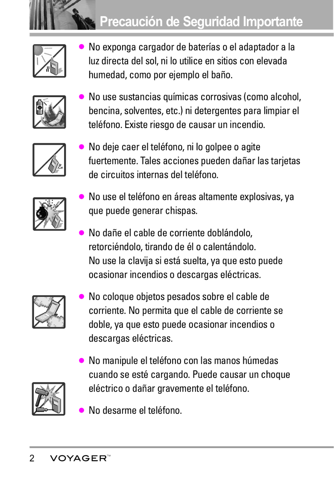 LG Electronics Voyager manual Precaución de Seguridad Importante, No use el teléfono en áreas altamente explosivas, ya 