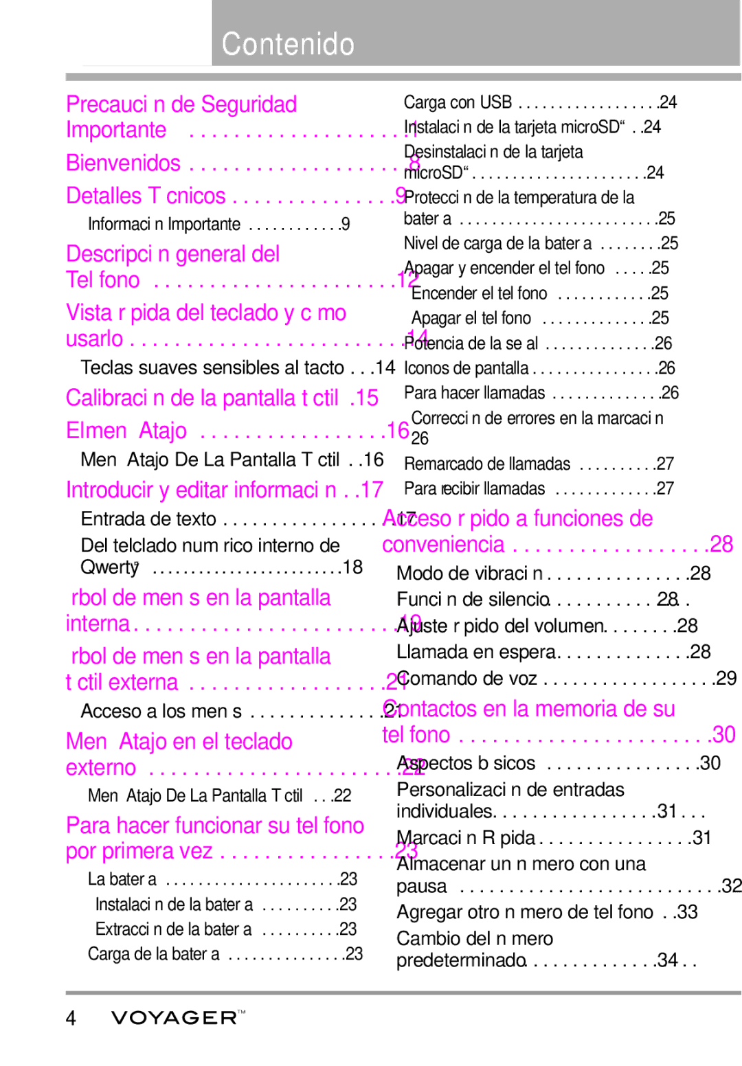 LG Electronics Voyager manual Contenido, Desinstalación de la tarjeta, Corrección de errores en la marcación 