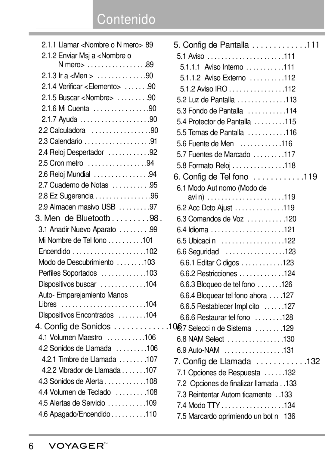 LG Electronics Voyager manual Llamar Nombre o Número Enviar Msj a Nombre o, Auto- Emparejamiento Manos, Config de Teléfono 