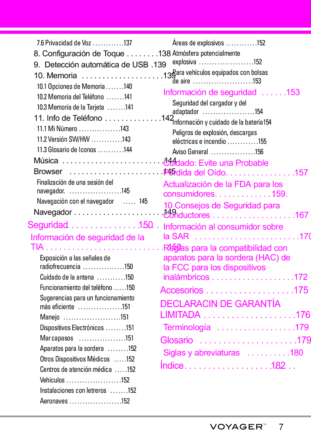 LG Electronics Voyager manual Información de seguridad de la, Información al consumidor sobre, Glosario 