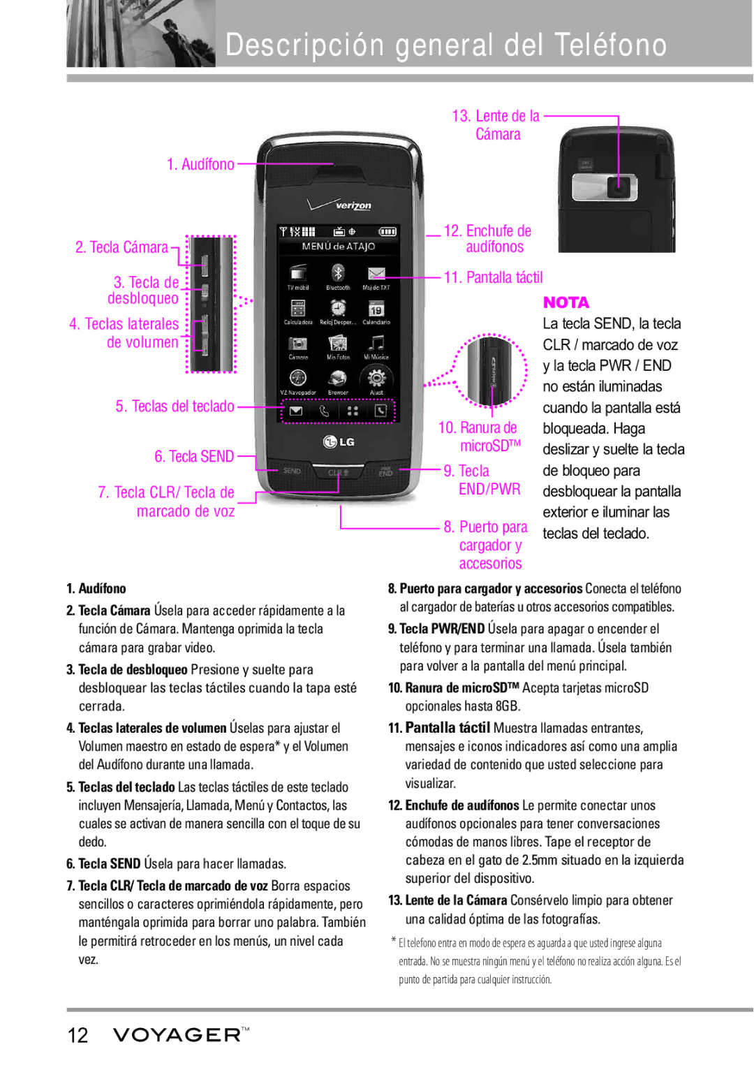 LG Electronics Voyager manual Descripción general del Teléfono, Lente de la Cámara Enchufe de audífonos Pantalla táctilNOTA 