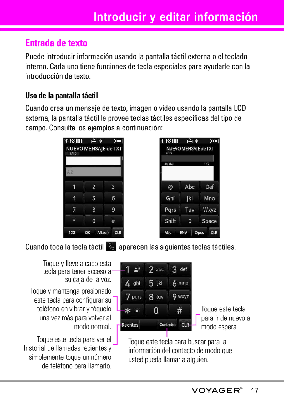 LG Electronics Voyager manual Introducir y editar información, Entrada de texto, Uso de la pantalla táctil 