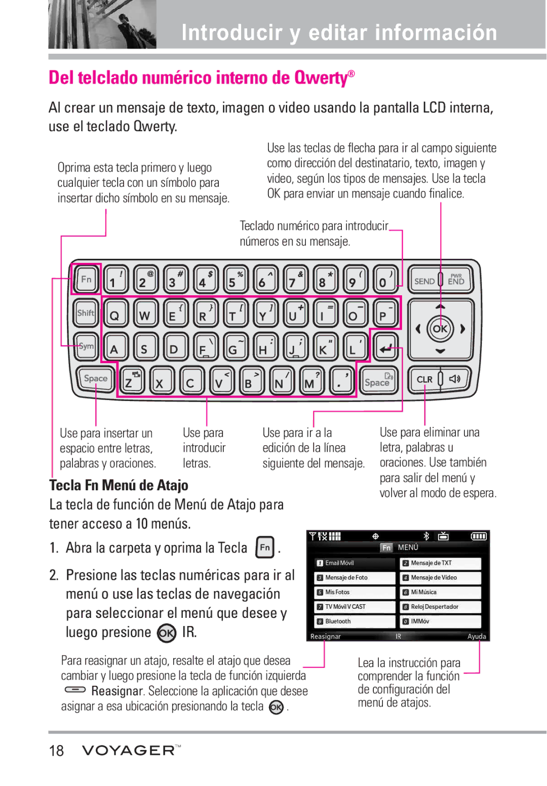 LG Electronics Voyager manual Del telclado numérico interno de Qwerty, Tecla Fn Menú de Atajo, Tener acceso a 10 menús 