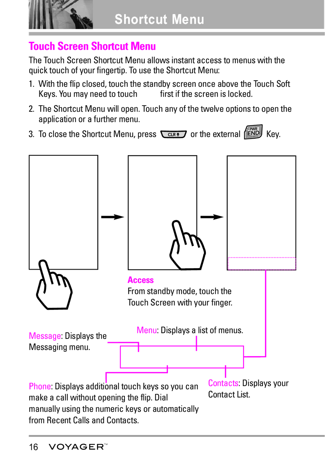 LG Electronics Voyager manual Touch Screen Shortcut Menu 