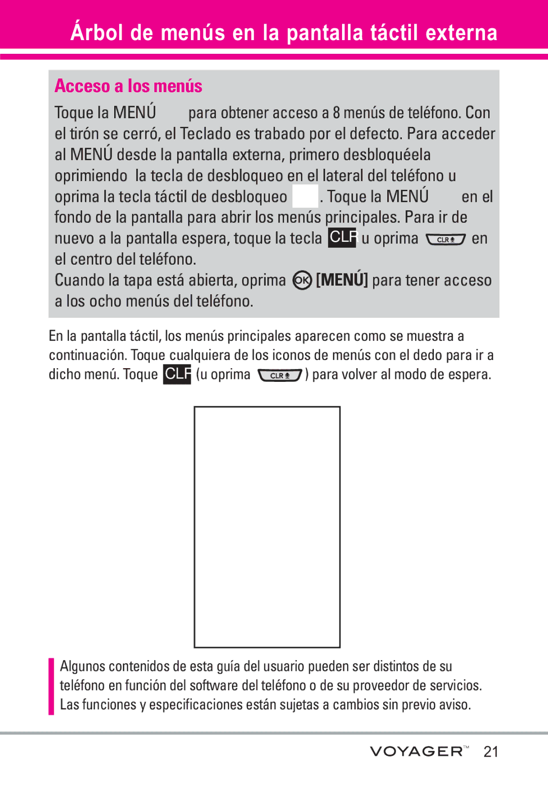 LG Electronics Voyager manual Árbol de menús en la pantalla táctil externa, Acceso a los menús 