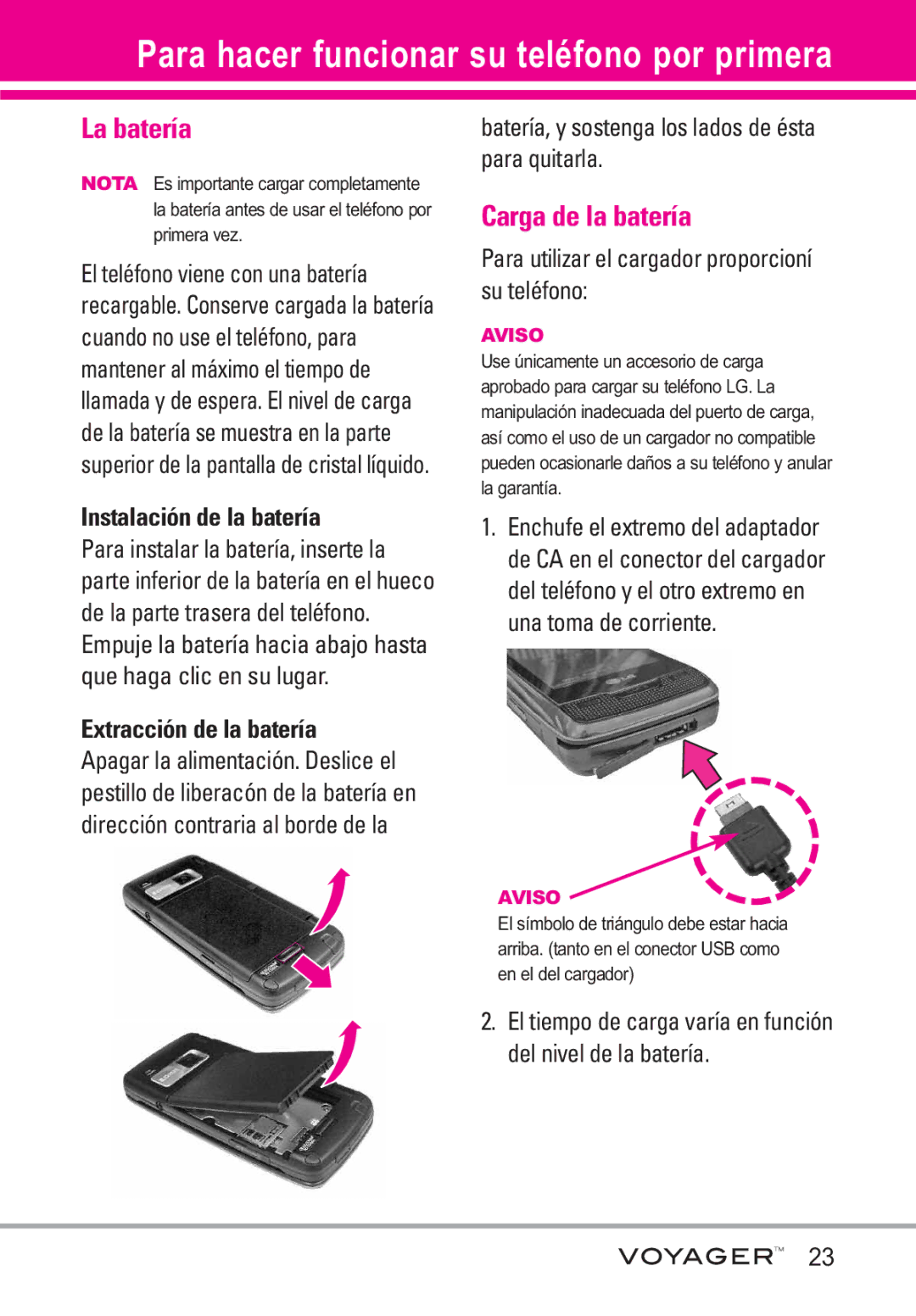 LG Electronics Voyager manual La batería, Carga de la batería, Instalación de la batería, Extracción de la batería 