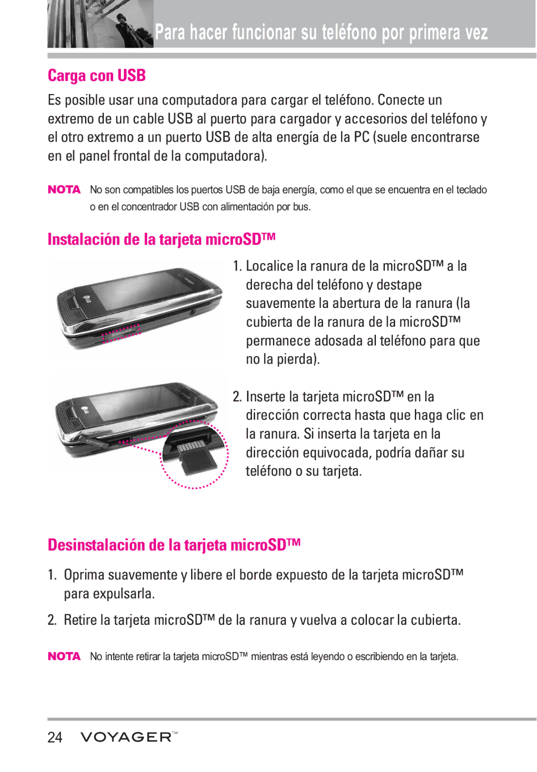 LG Electronics Voyager manual Carga con USB, Instalación de la tarjeta microSD, Desinstalación de la tarjeta microSD 