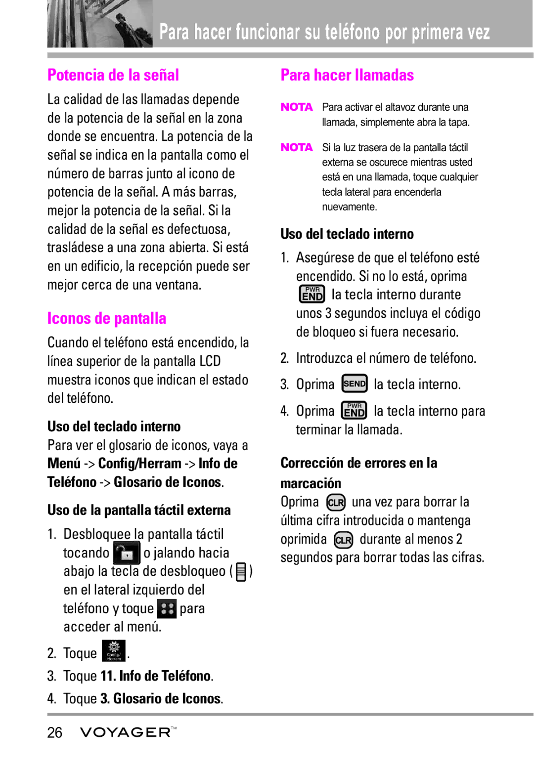 LG Electronics Voyager manual Potencia de la señal, Iconos de pantalla, Para hacer llamadas 