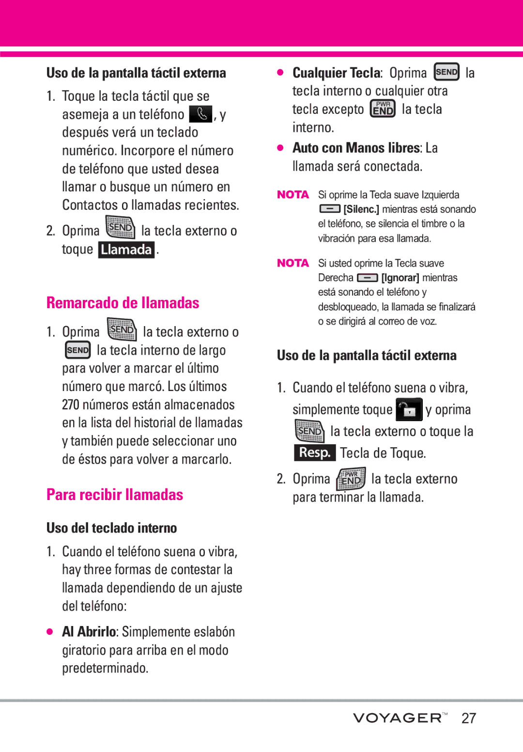 LG Electronics Voyager manual Remarcado de llamadas, Para recibir llamadas 