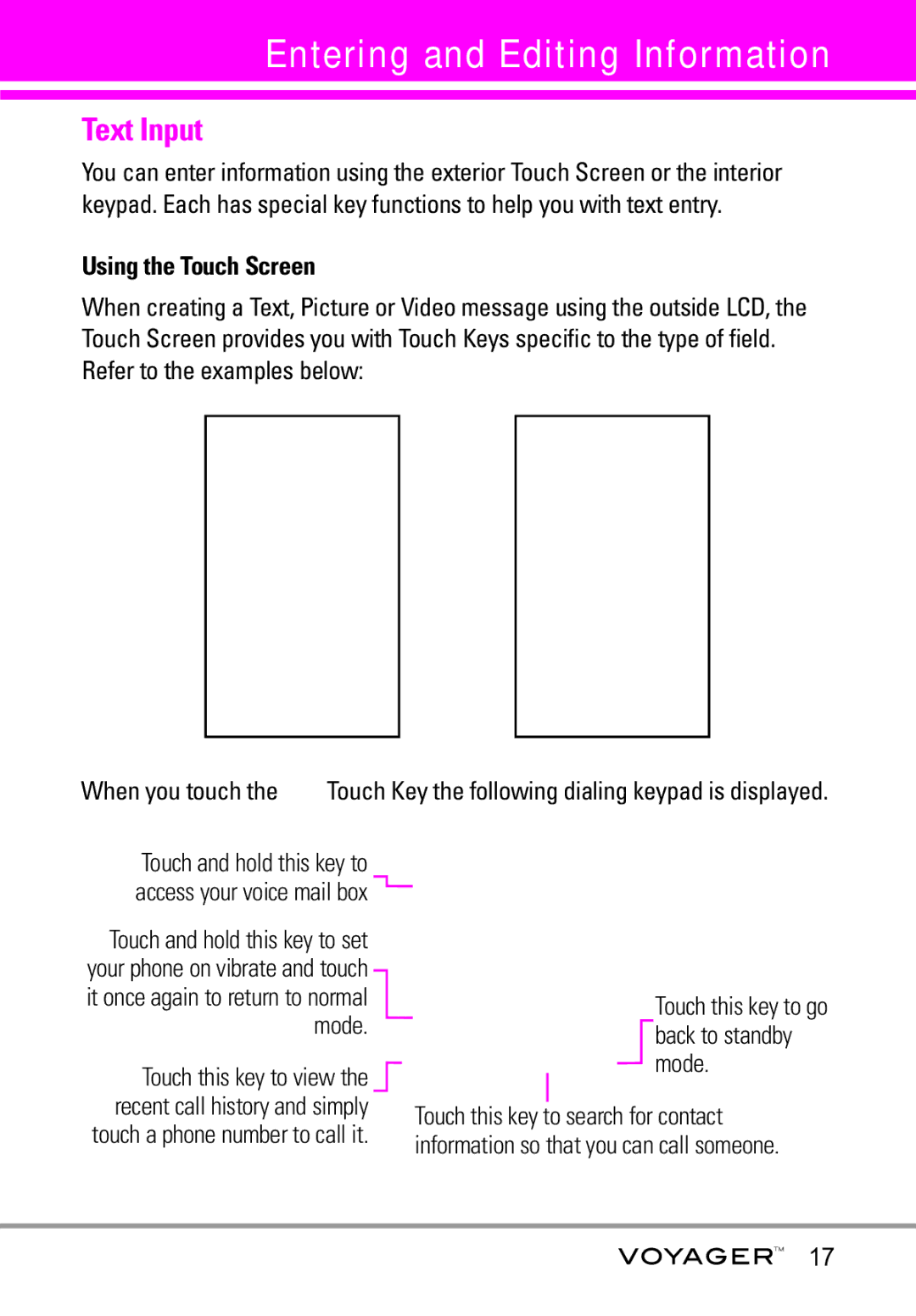 LG Electronics Voyager Entering and Editing Information, Text Input, Using the Touch Screen, Mode, Touch this key to view 