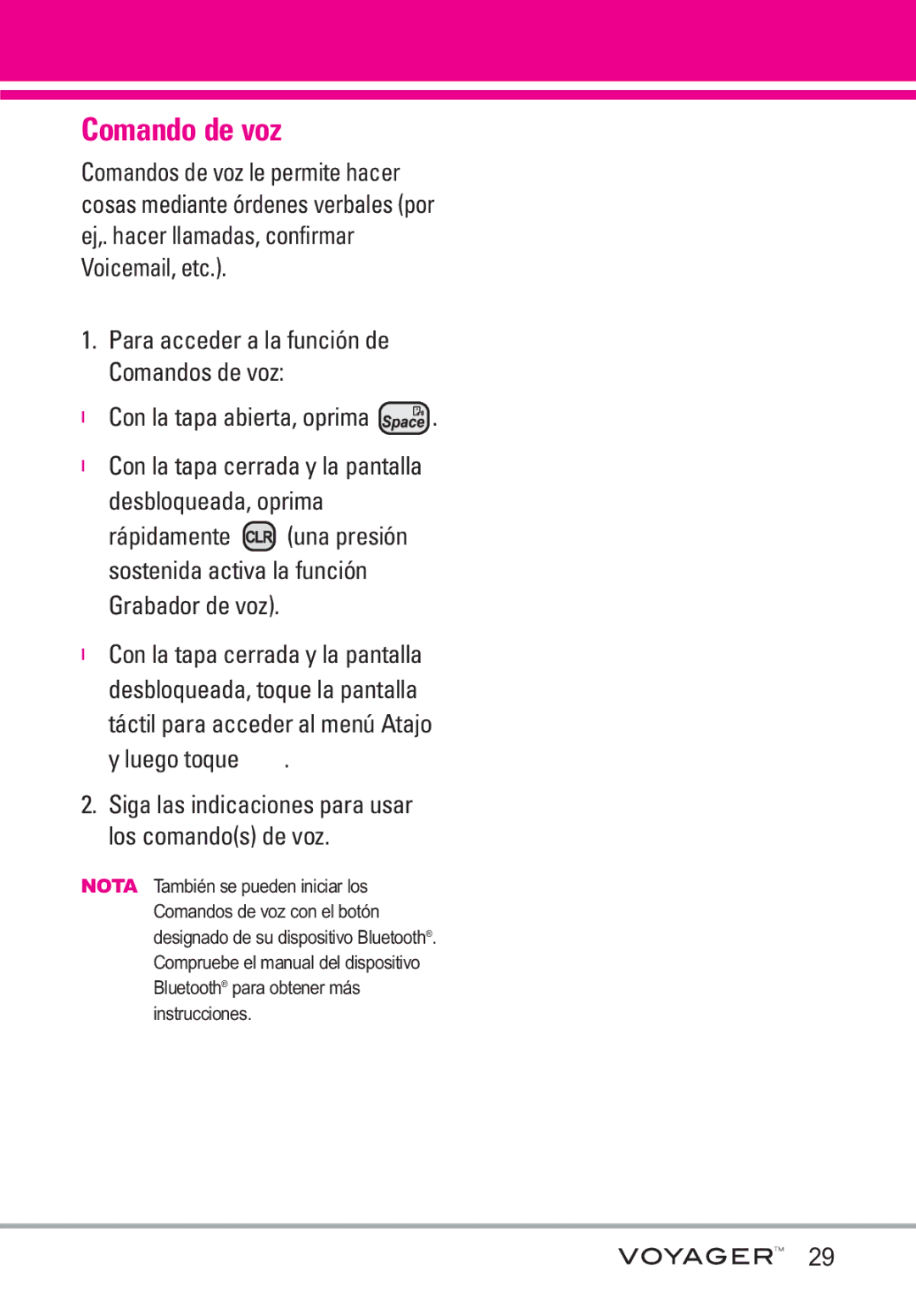 LG Electronics Voyager manual Comando de voz, Grabador de voz, Táctil para acceder al menú Atajo y luego toque 