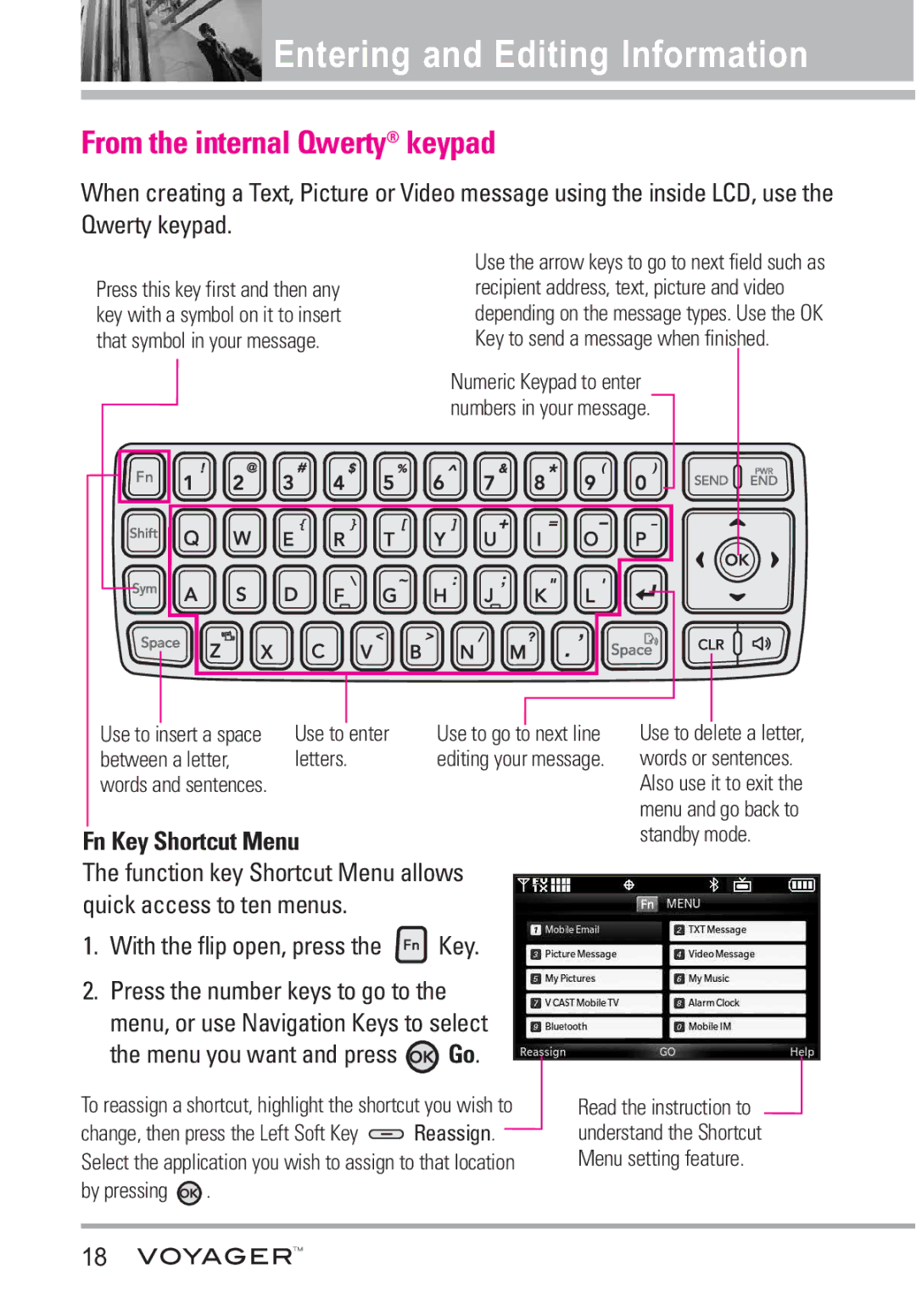 LG Electronics Voyager manual From the internal Qwerty keypad, Fn Key Shortcut Menu, Use to enter, Between a letter Letters 