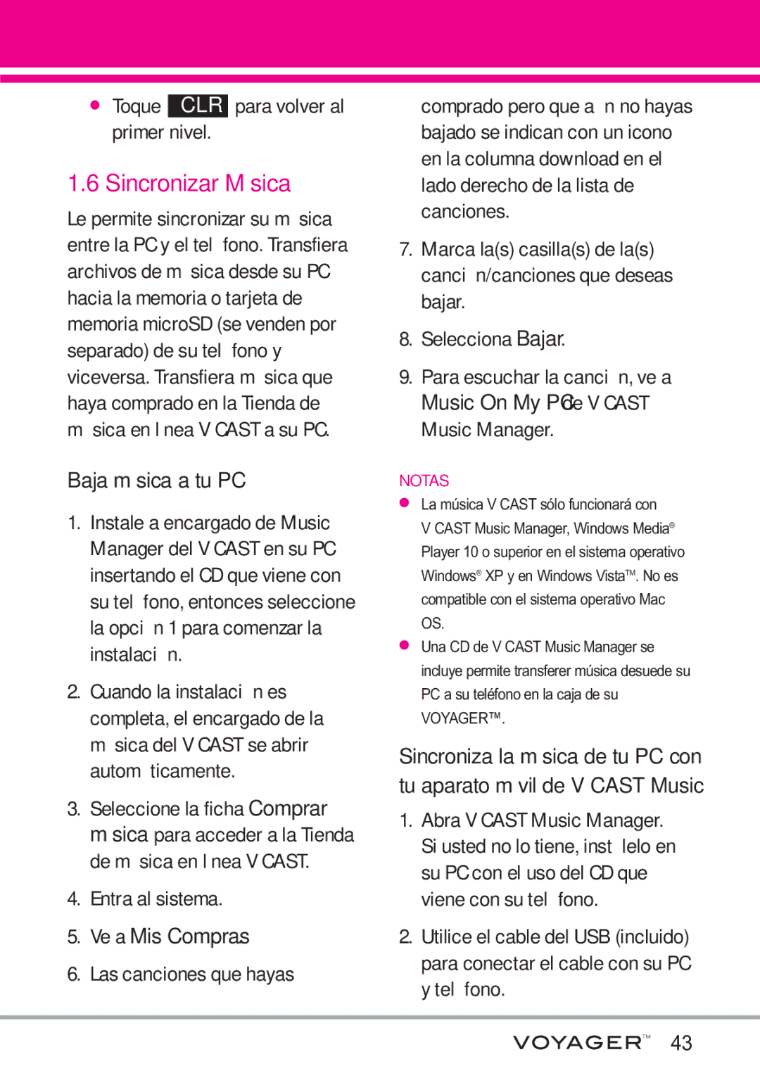 LG Electronics Voyager Sincronizar Música, Toque CLR para volver al primer nivel, Baja música a tu PC, Entra al sistema 