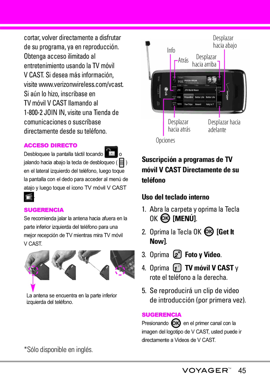 LG Electronics Voyager TV móvil V Cast llamando al, Sólo disponible en inglés, Desplazar, Hacia atrás Adelante Opciones 