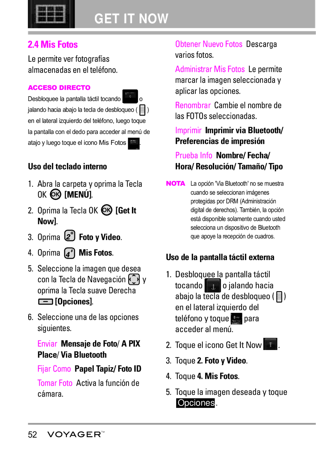 LG Electronics Voyager manual Oprima Foto y Video Oprima Mis Fotos, Toque 2. Foto y Video Toque 4. Mis Fotos 