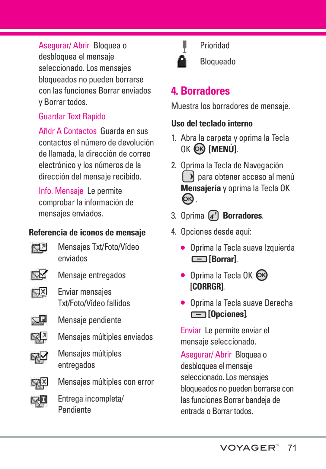 LG Electronics Voyager manual Guardar Text Rapido, Oprima Borradores 