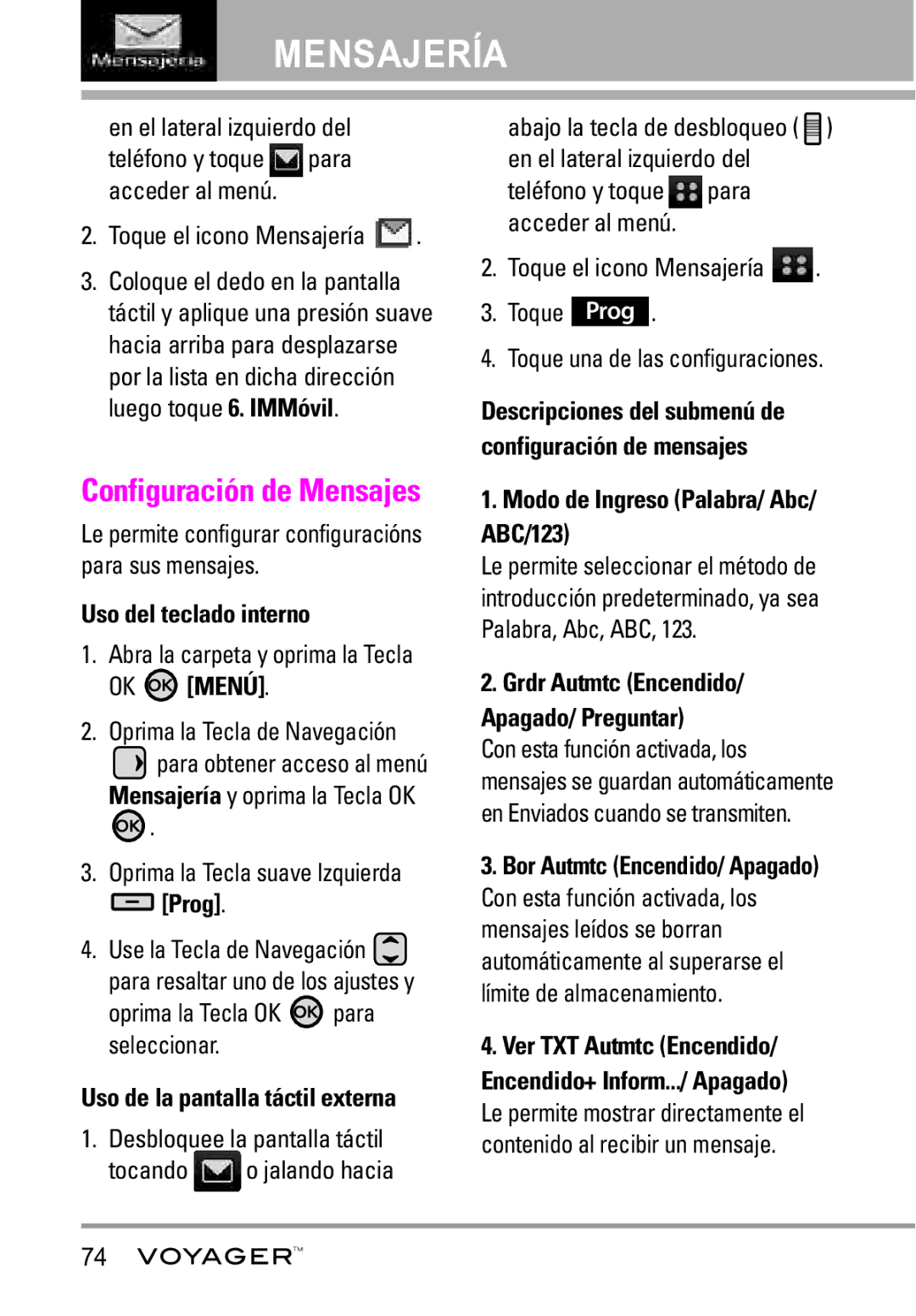 LG Electronics Voyager manual Configuración de Mensajes, Prog, Oprima la Tecla OK para seleccionar 