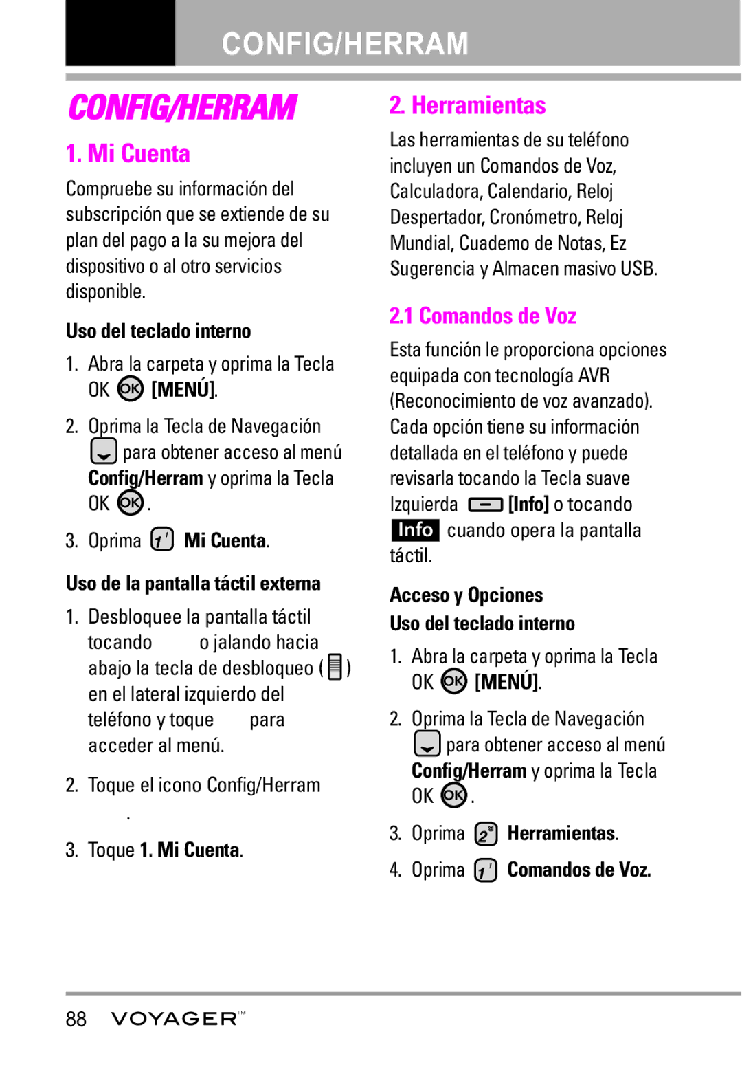 LG Electronics Voyager manual Mi Cuenta, Herramientas, Comandos de Voz 