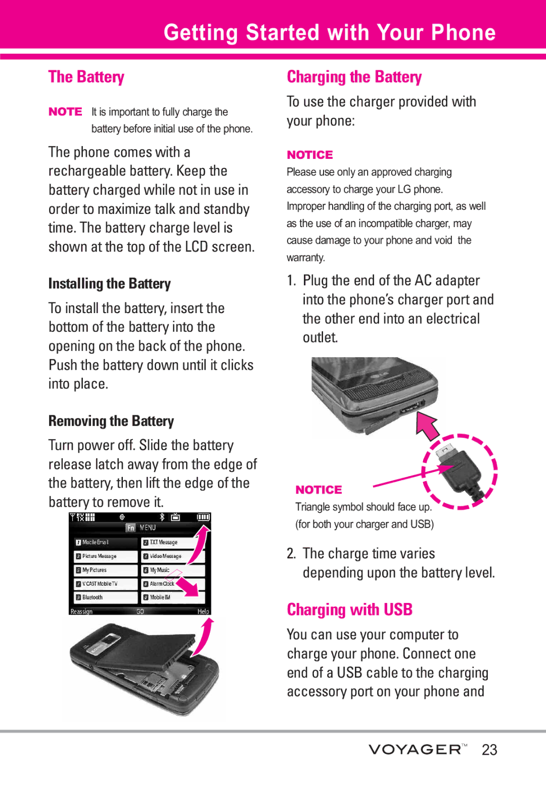 LG Electronics Voyager manual Getting Started with Your Phone, Charging the Battery, Charging with USB 