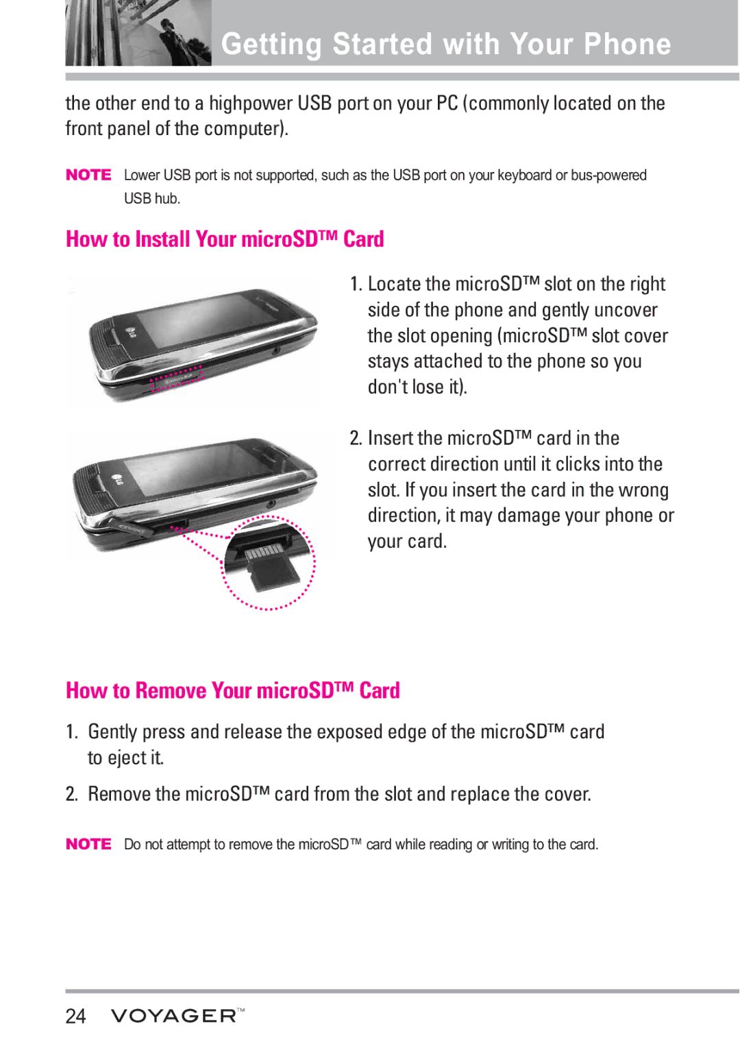 LG Electronics Voyager manual How to Install Your microSD Card, How to Remove Your microSD Card, Your card 