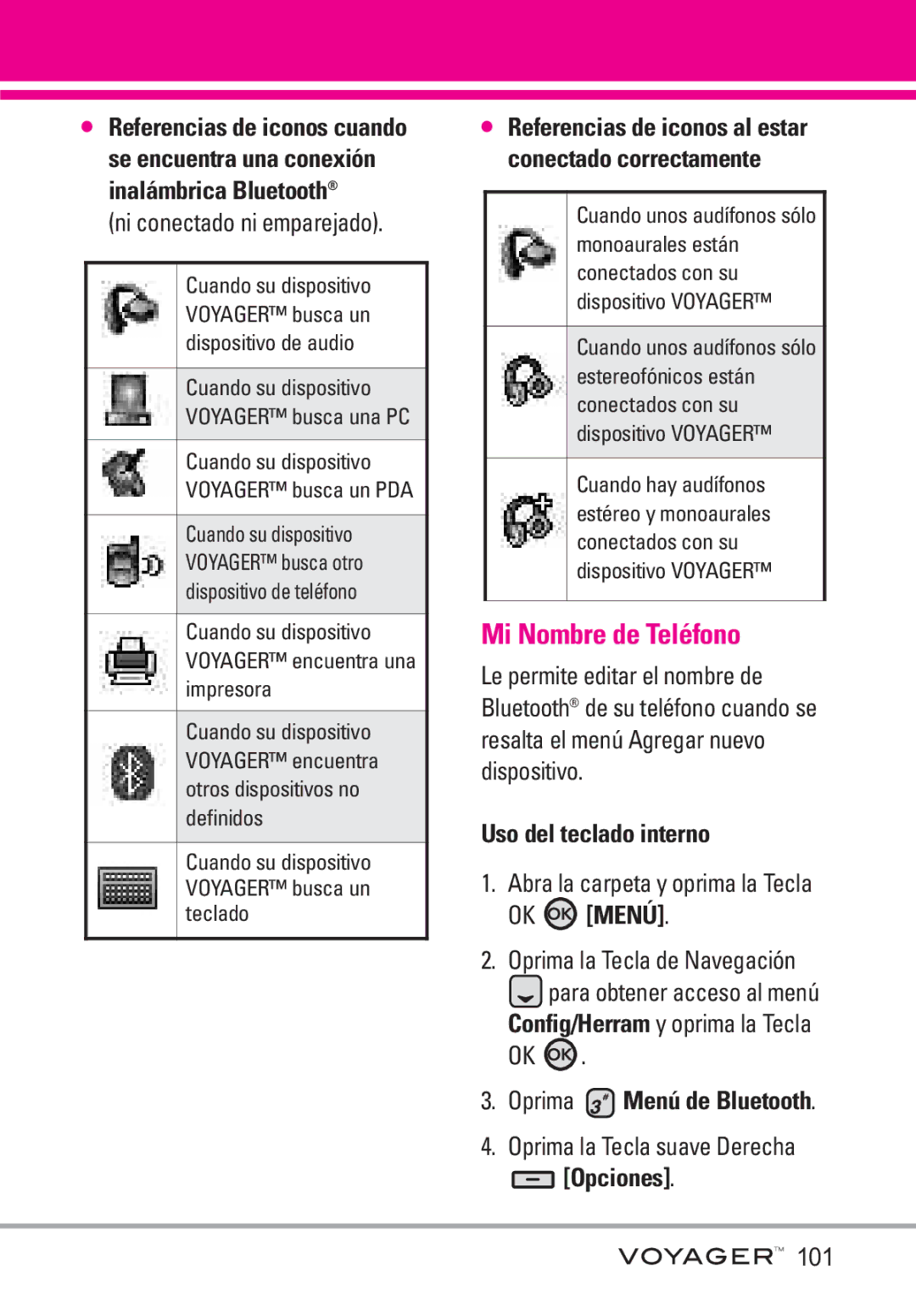 LG Electronics Voyager manual Mi Nombre de Teléfono, Ni conectado ni emparejado, Oprima Menú de Bluetooth 