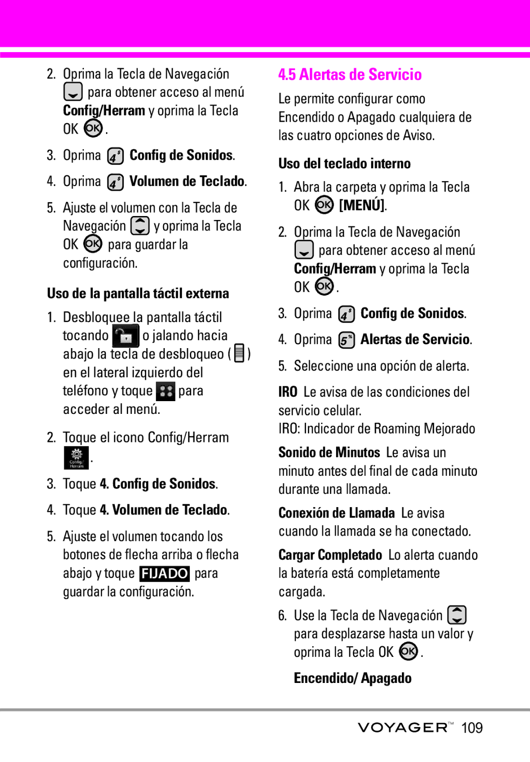 LG Electronics Voyager manual Oprima Config de Sonidos Oprima Alertas de Servicio, Seleccione una opción de alerta 