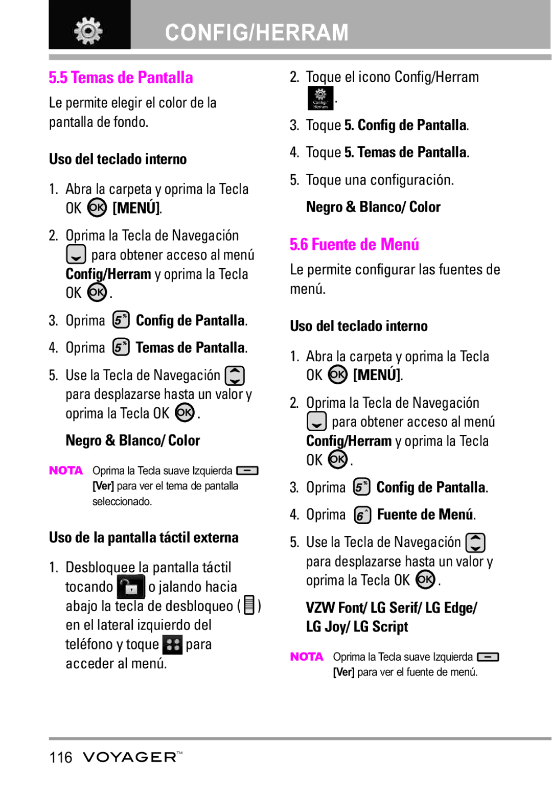 LG Electronics Voyager manual Temas de Pantalla, Fuente de Menú, Negro & Blanco/ Color 