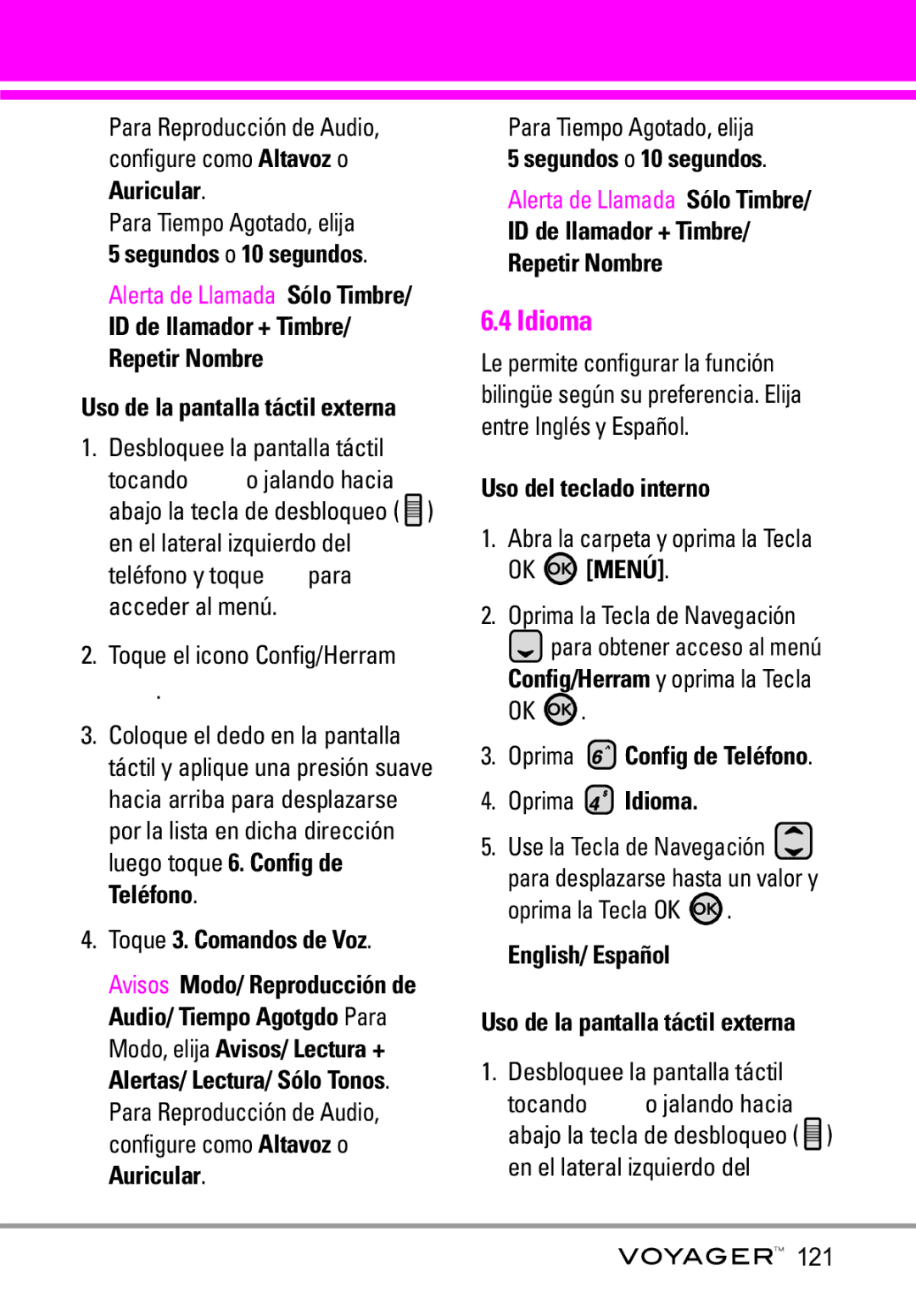 LG Electronics Voyager manual Idioma, ID de llamador + Timbre Repetir Nombre, Toque 3. Comandos de Voz 